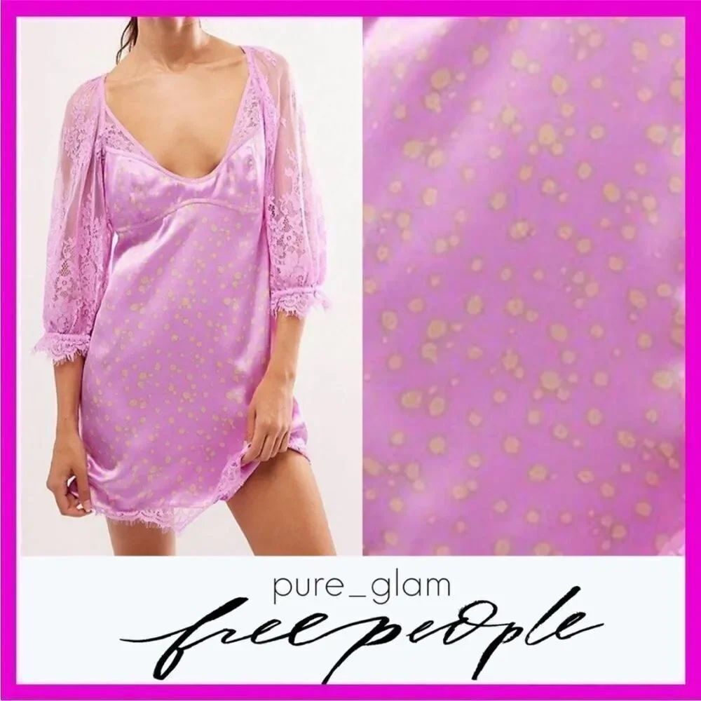 Free People About That Mini Dress Sz M Pink Polka Dot Satin Lace Party NEW